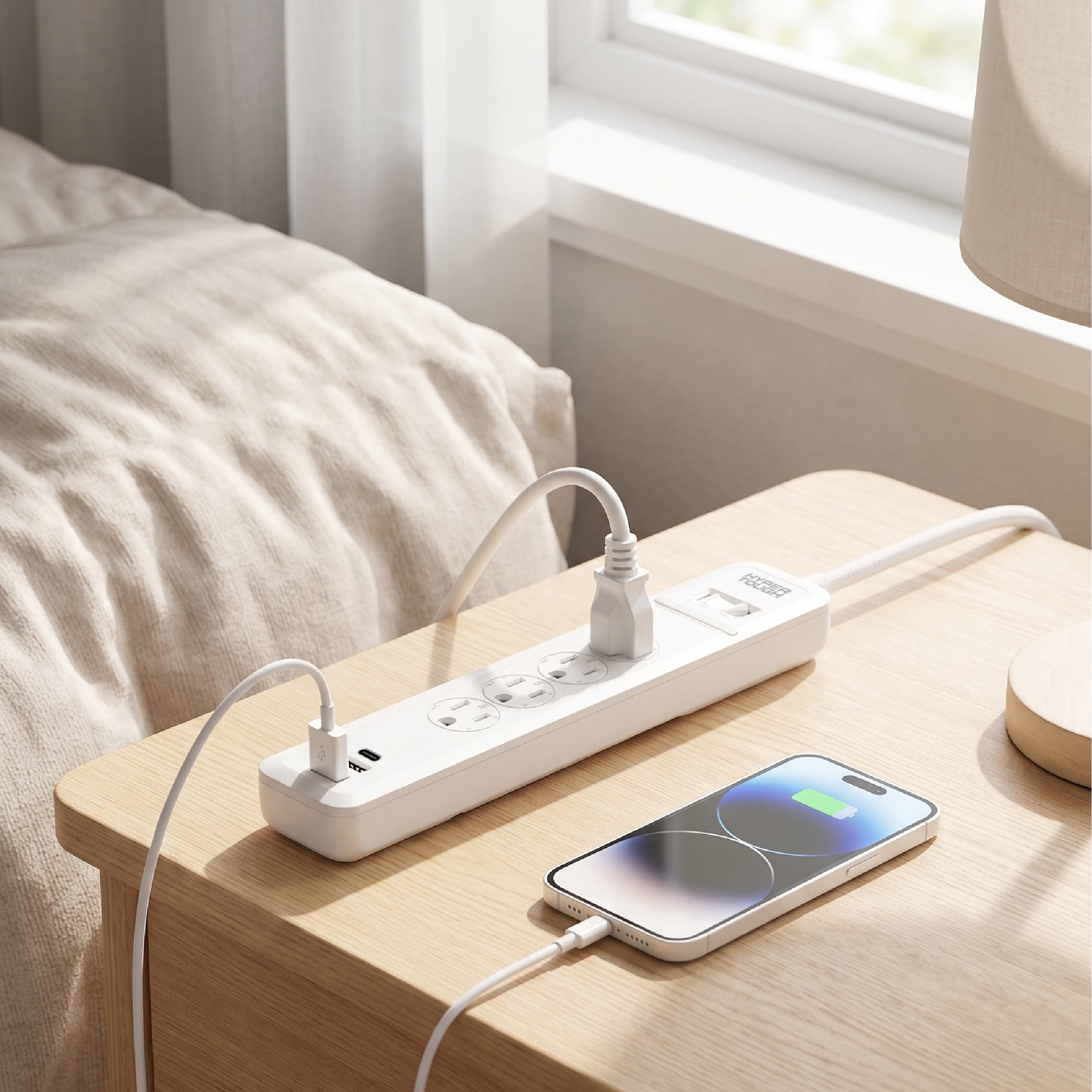 Hyper Tough Surge Protector Power Strip with 4 Outlet, USB Ports, 10 ft Braided Cord, White