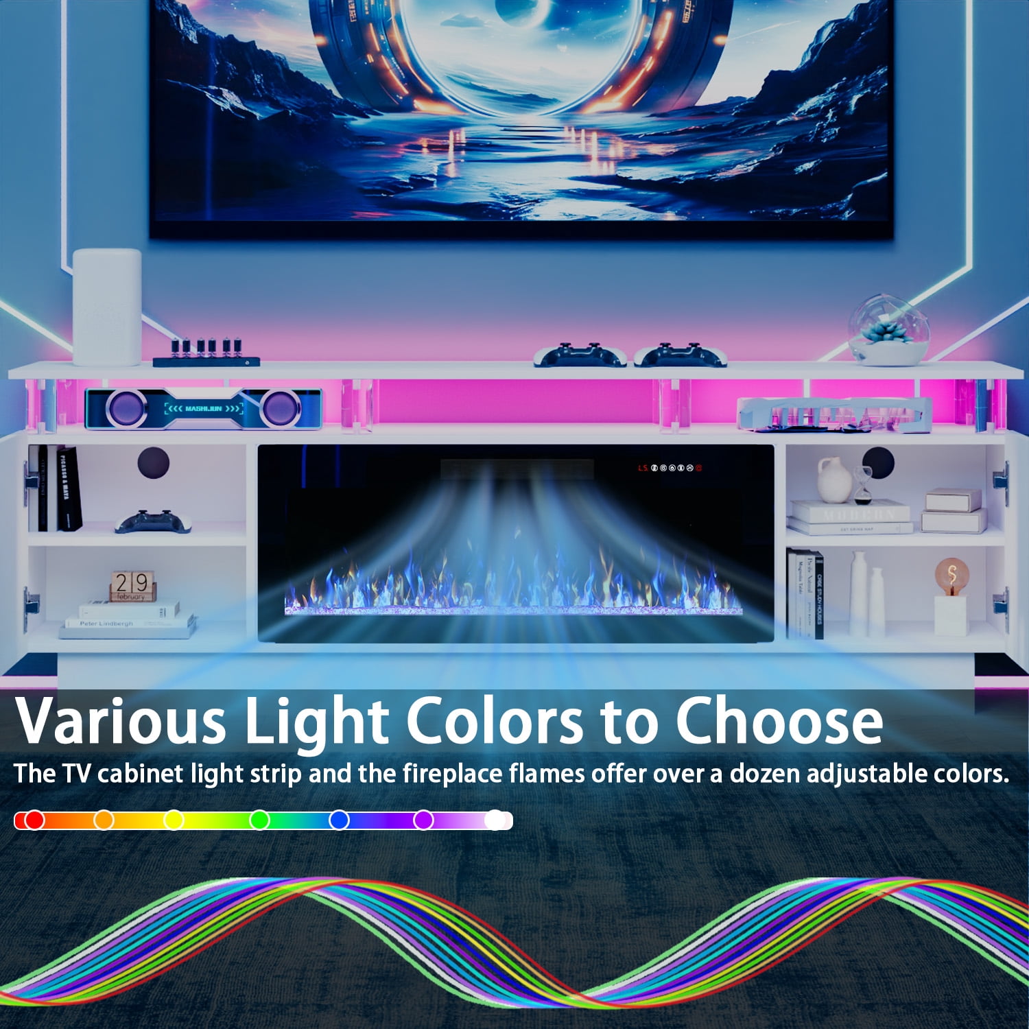 Waleaf 70" Fireplace TV Stand with Glowing Acrylic Pillars, 36" Electric Fireplace for TVs Up to 80", High Gloss Entertainment Center with 20-Color LED Lights, White