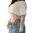thumbnail image 4 of Women's Round Neck Patchwork Lace Bodysuit, Mock Two Piece Long Sleeve Casual Top, Y2K Fashion T-Shirt Style Jumpsuit for All Seasons, Fall Winter Wardrobe and Daily Wear White XXXL, 4 of 8