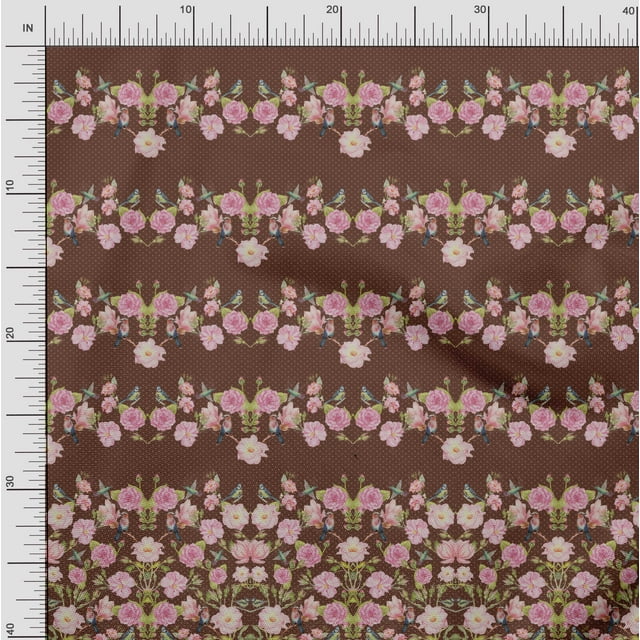 Soimoi Brown Poly Georgette Fabric Flowerpecker & Floral Panel Decor Fabric Printed BTY 52 Inch Wide