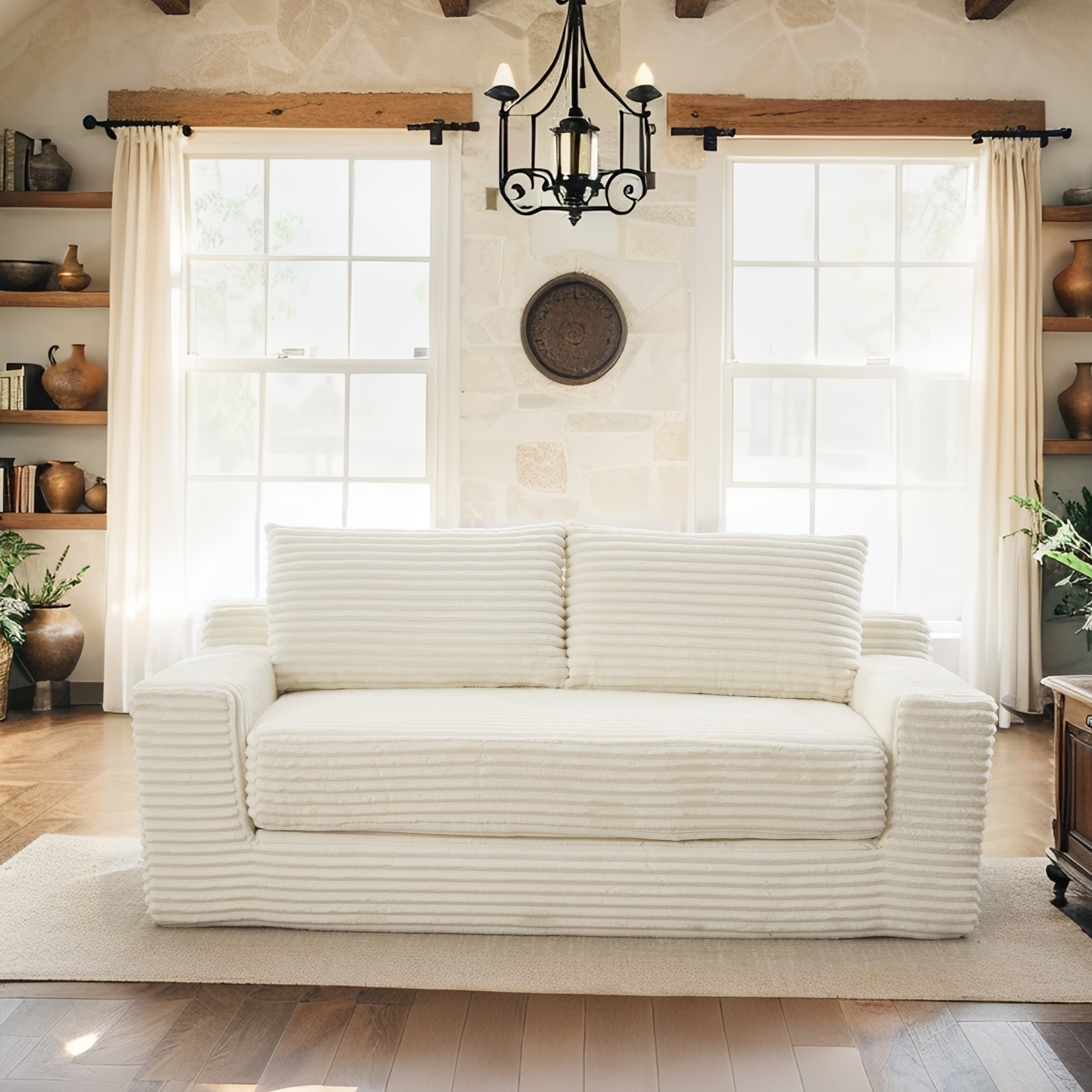 Leumius Convertible Loveseat Compression Sofa for Living Room,Corduroy 2 Seater Couch Memory Foam Sofa for Small Spaces,Apartments,Office,Beige