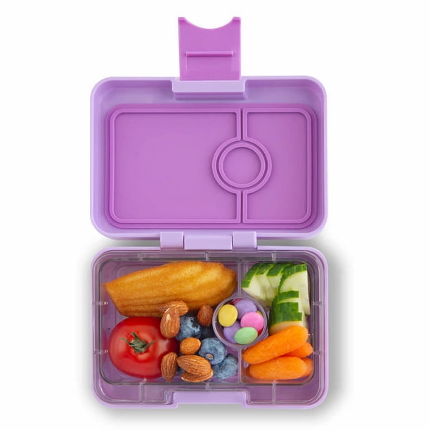 Yumbox MiniSnack snack box filled with fresh fruit and a bit of chocolate.