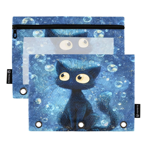 2 Pack 3 Ring Binder Pouch with Clear PVC Window Water Resistant Zipper Pencil Pouch Bubbles Around The Cat Binder Pocket for Classroom Office Home Stationery Organization