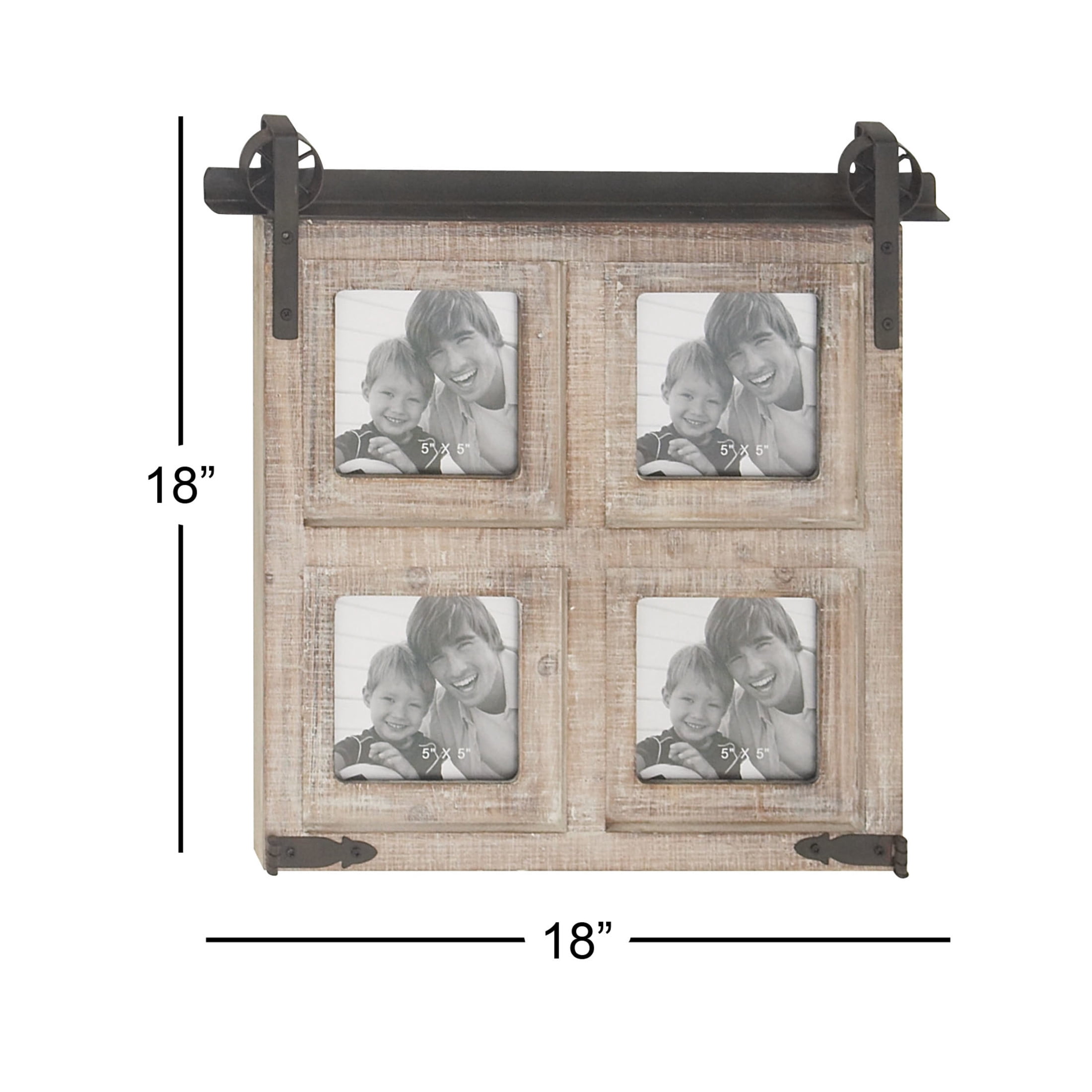 DecMode 4-Opening 5" x 5" Barn Door Brown People Wall Photo Frame with Black Metal Accents