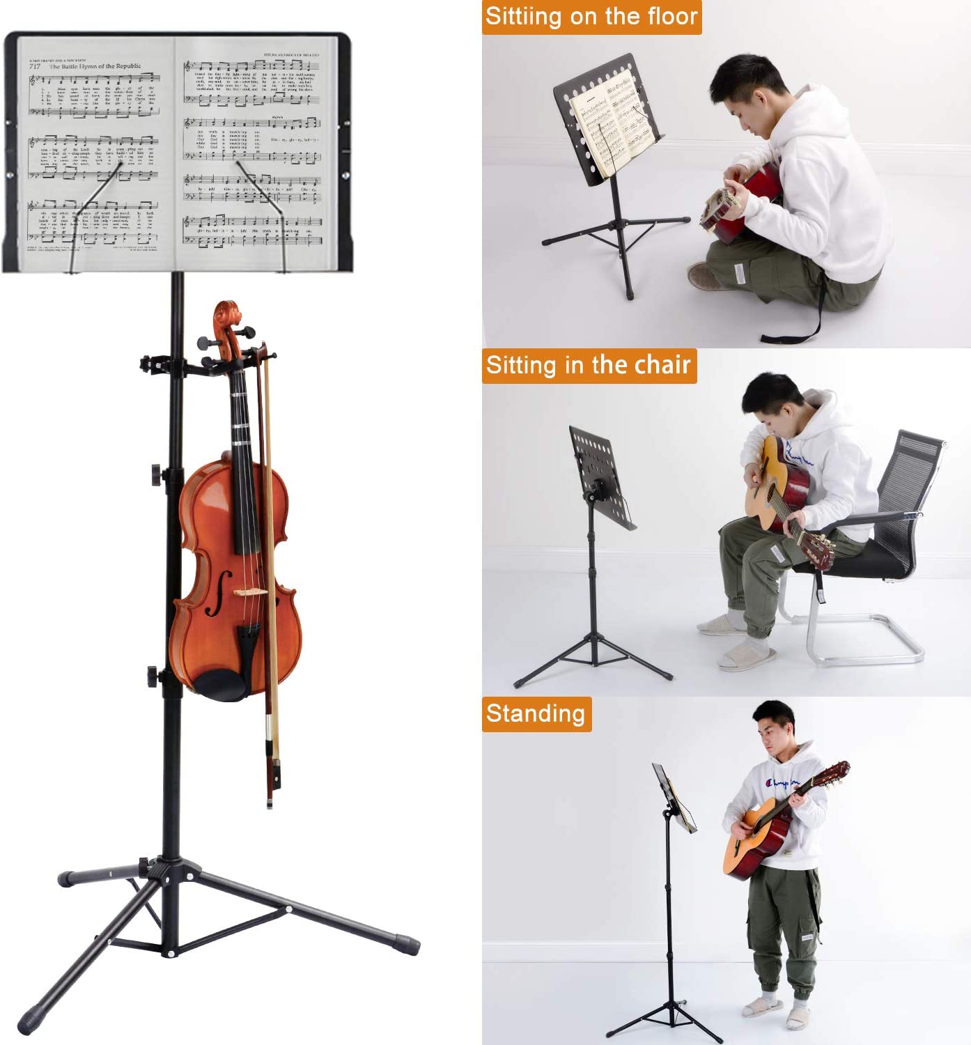 Professional Sheet Music Stand with Violin Hanger, Folding & Portable Violin Stand With Travel Case, Black