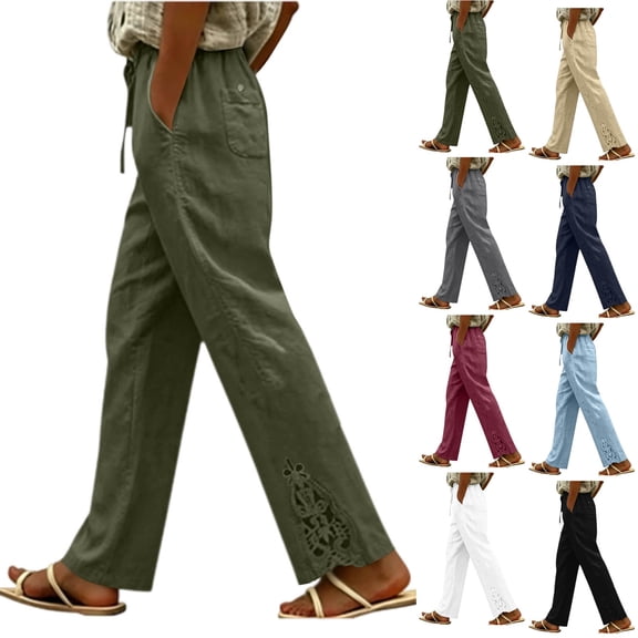 Oksale Lightweight Pants for Women Summer Lace Straight Leg Pants with Pockets Soft Comfy Drawstring High Waist Casual Pants Going Out Trousers 2026 Khaki S