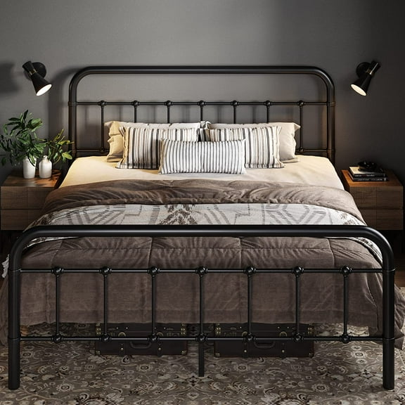 Allewie Queen Size Metal Platform Bed Frame with Victorian Style Wrought Iron-Art Headboard/Footboard, Black