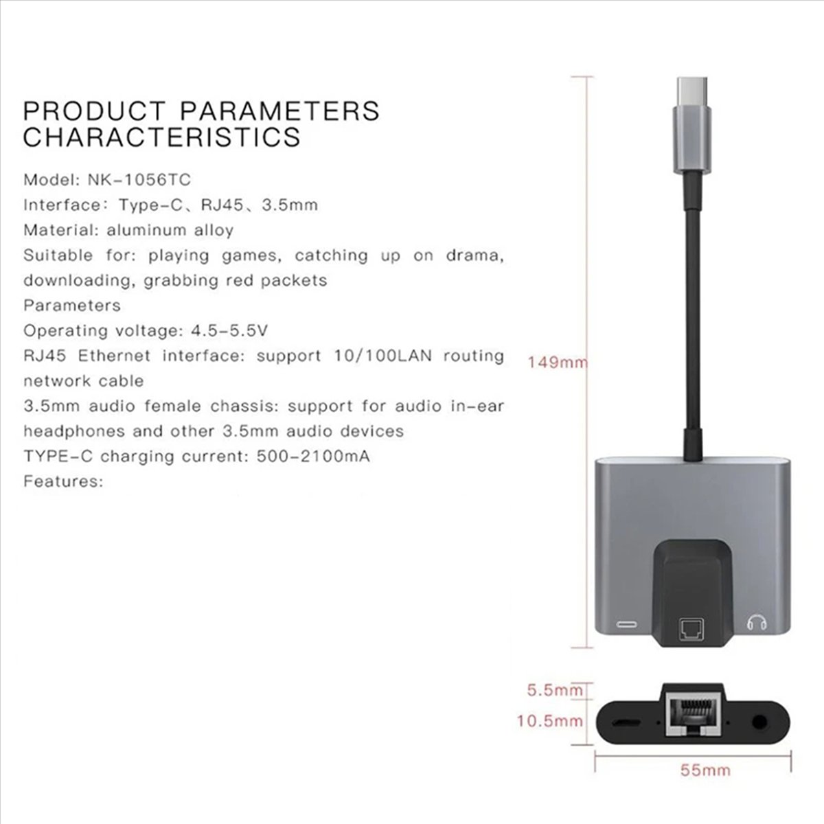 3X Type-C to Ethernet LAN Network Adapter Hub USB C to 3.5mm Audio PD Fast Charging Docking Station for Laptop Phone
