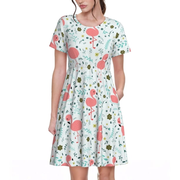 Balery Cute Flamingo Vestidos sueltos de manga corta para mujer, vestidos de verano 2025, vestidos casuales de corte A con vuelo.