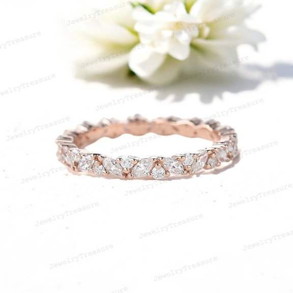 JEWELRYTREASURE 4x2 mm Marquise Cut Moissanite Band Rose Gold Plated Wedding Band Full Eternity Statement Jewelry Anniversary Gift for Wife