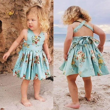 

B91xZ Girls Spring Dress Romper Lacing Toddler Floral Backless Print Girls Sundress Kids Dress Baby Girls Dress&Skirt Blue Size 3-4 Years