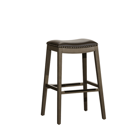 JERFIT Bar Stool with Leather Seat, Weathered Gray Finish, Saddle Style Counter Height Stool for Kitchen Island, Dining & Bar