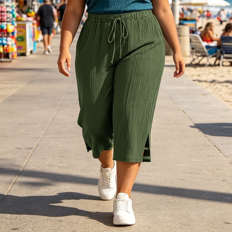 HongQid Plus Size Capri Pants for Women Textured Drawstring Wide