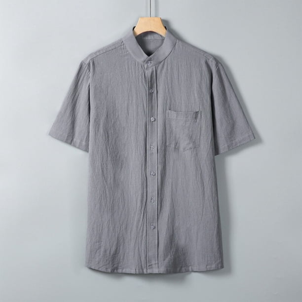 pstuiky Camisas de manga corta para hombre, Camisa informal de manga corta con cuello alto, bolsillos y botones de color liso para hombre ropa de hombre xxl