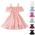 thumbnail image 1 of JDQJBZ Birthday Party Dress for Toddler Girls Solid Color Off The Shoulder Ruffle Hem Pleated Dress, 1 of 5