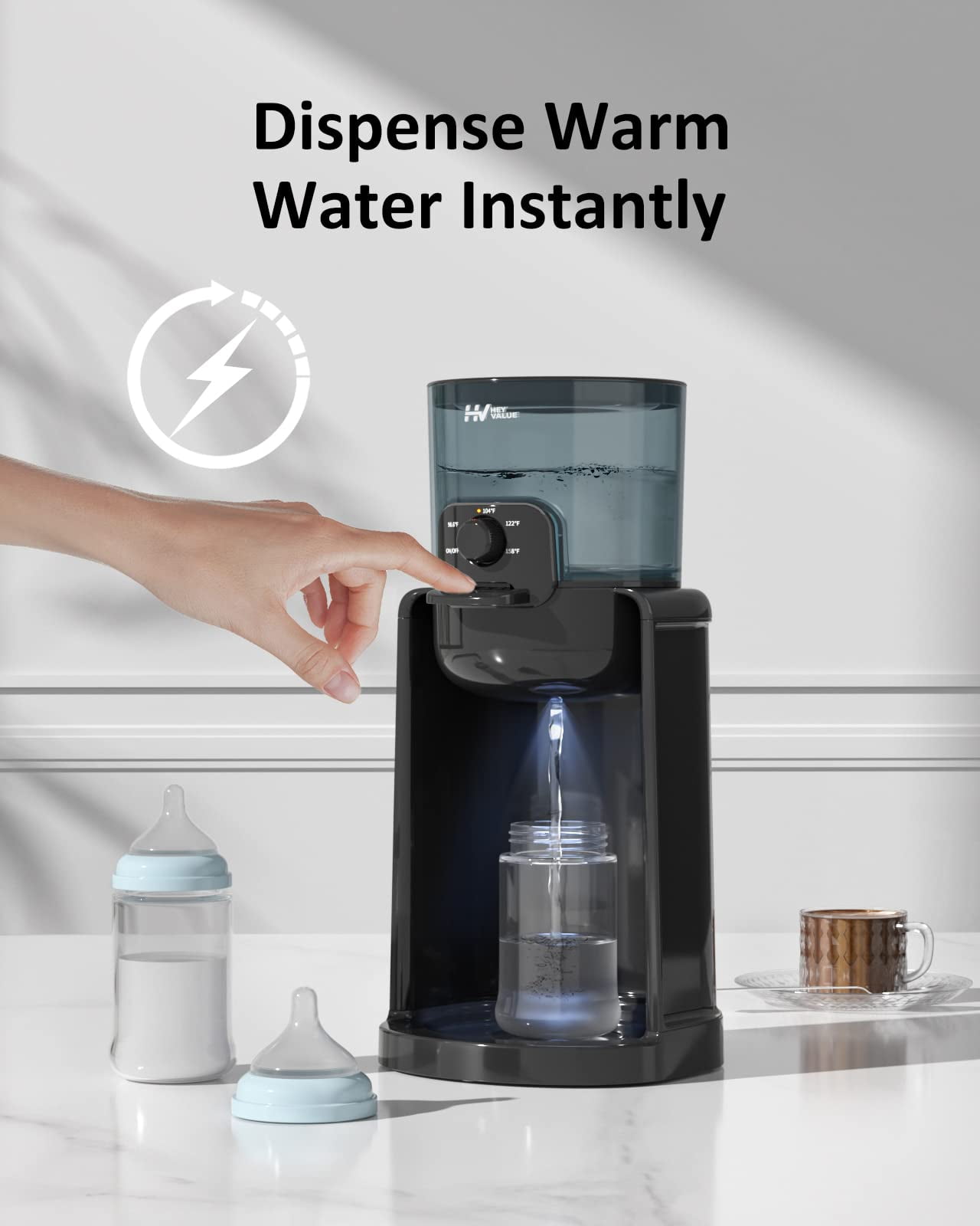 HEYVALUE Instant Water Warmer, Baby Bottle Warmer, Formula Dispenser, 72H Keep Warm, 4 Temperature Options, Night Light