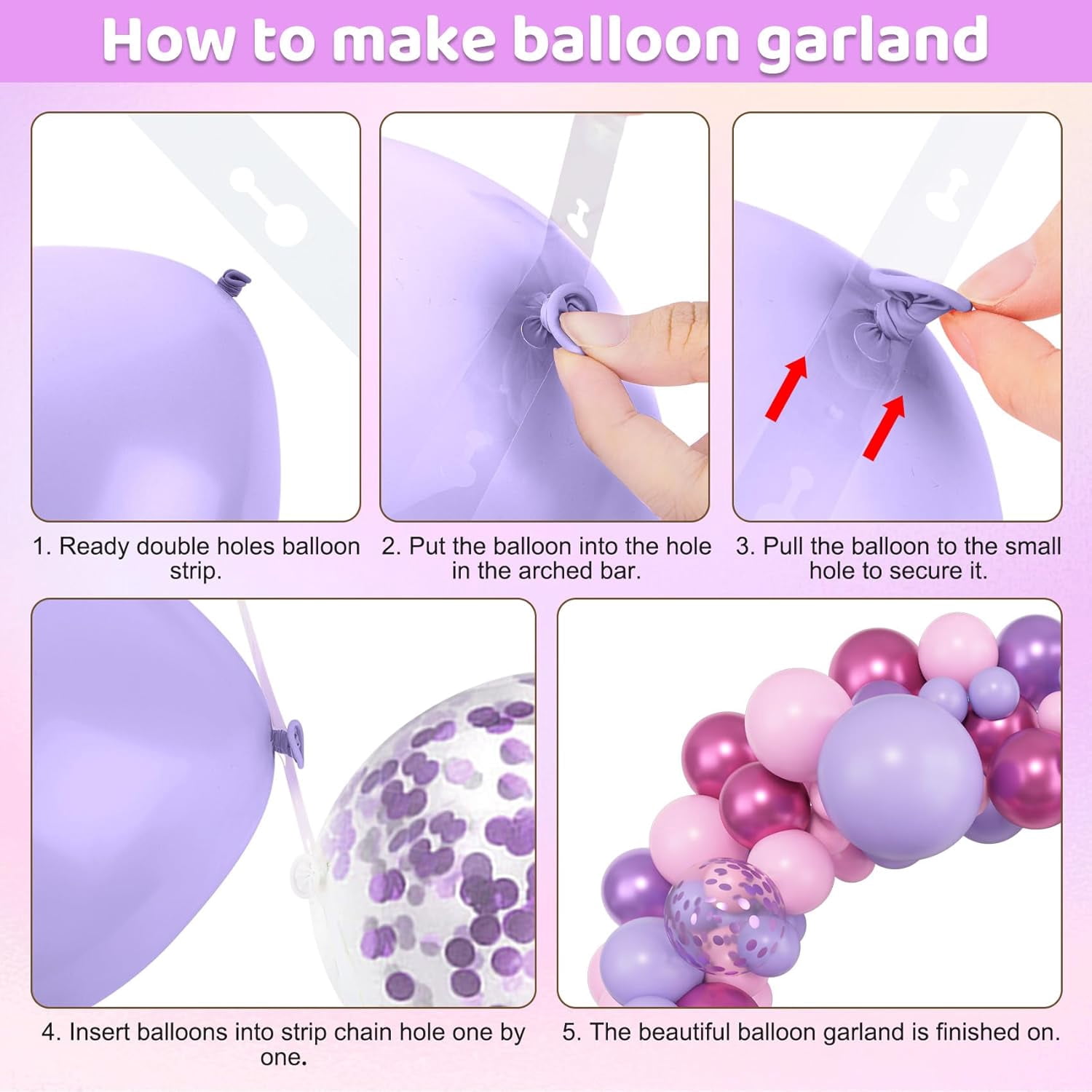 Pink Purple Balloon Garland Arch Kit, Latex Metallic Confetti Balloons for Party Decoration