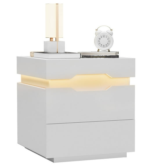 Vineego LED Nightstand with Charging Station, End Table Beside Table with 2 Drawers & Sliding Top for Bedroom Living Room,White