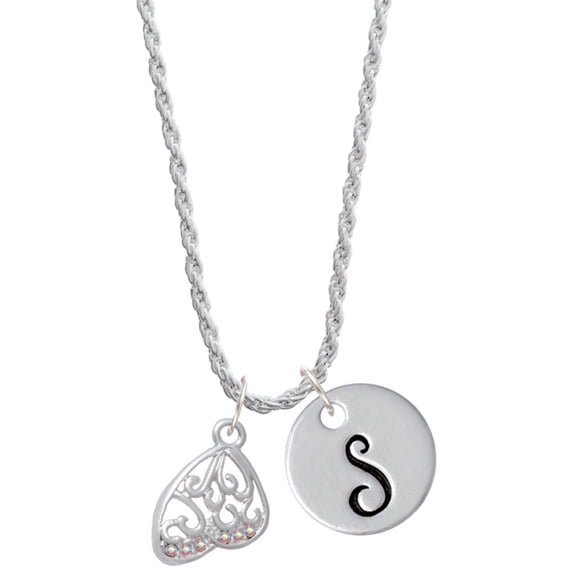 Delight Jewelry Silvertone Open Clear AB Crystal Butterfly Wing Silvertone Script Initial Disc - S - Charm Necklace, 20"+3"
