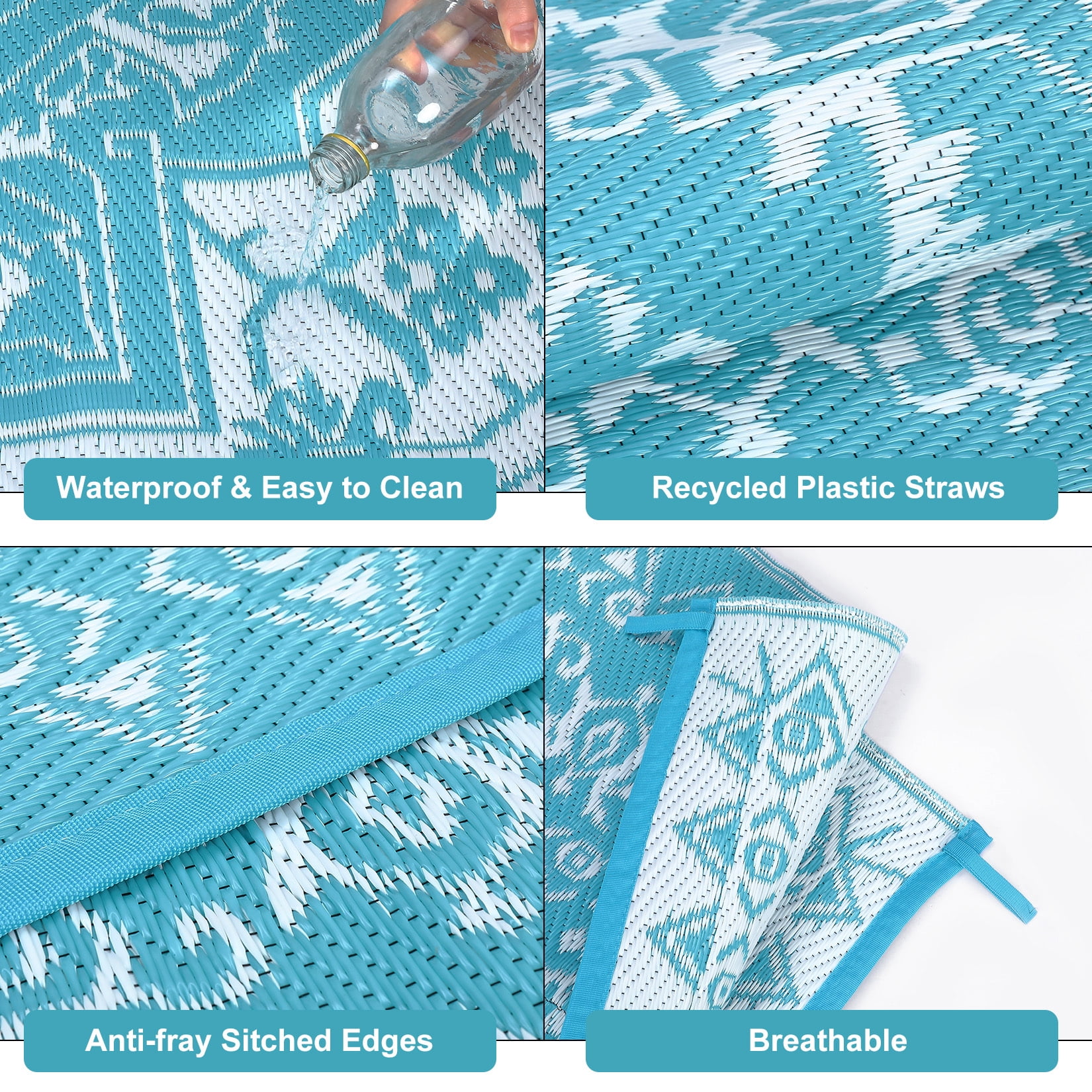 HIWEAVER 9' x 12' Light Blue Outdoor Rug PP Plastic Straw Woven Waterproof Patio Rug with Border Portable Outside Carpet for Balcony Deck Picnic Garden Decor