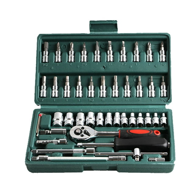 yeacher 46-Piece Ratchet Wrench Socket Tool Set for Home, Auto, and Bike Maintenance in Green Storage Case