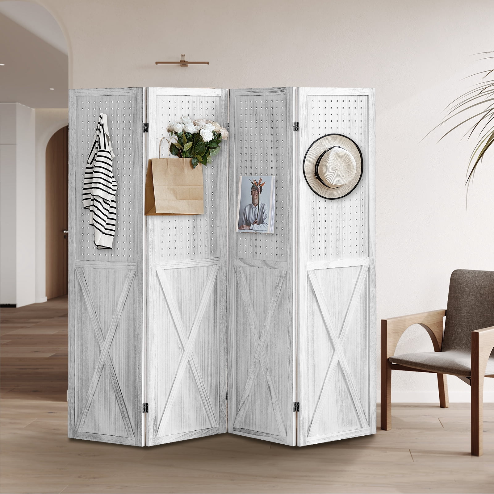 Aletheiawu 4 Panel Wood Room Divider, Folding Privacy Screens,No Installation Required, White