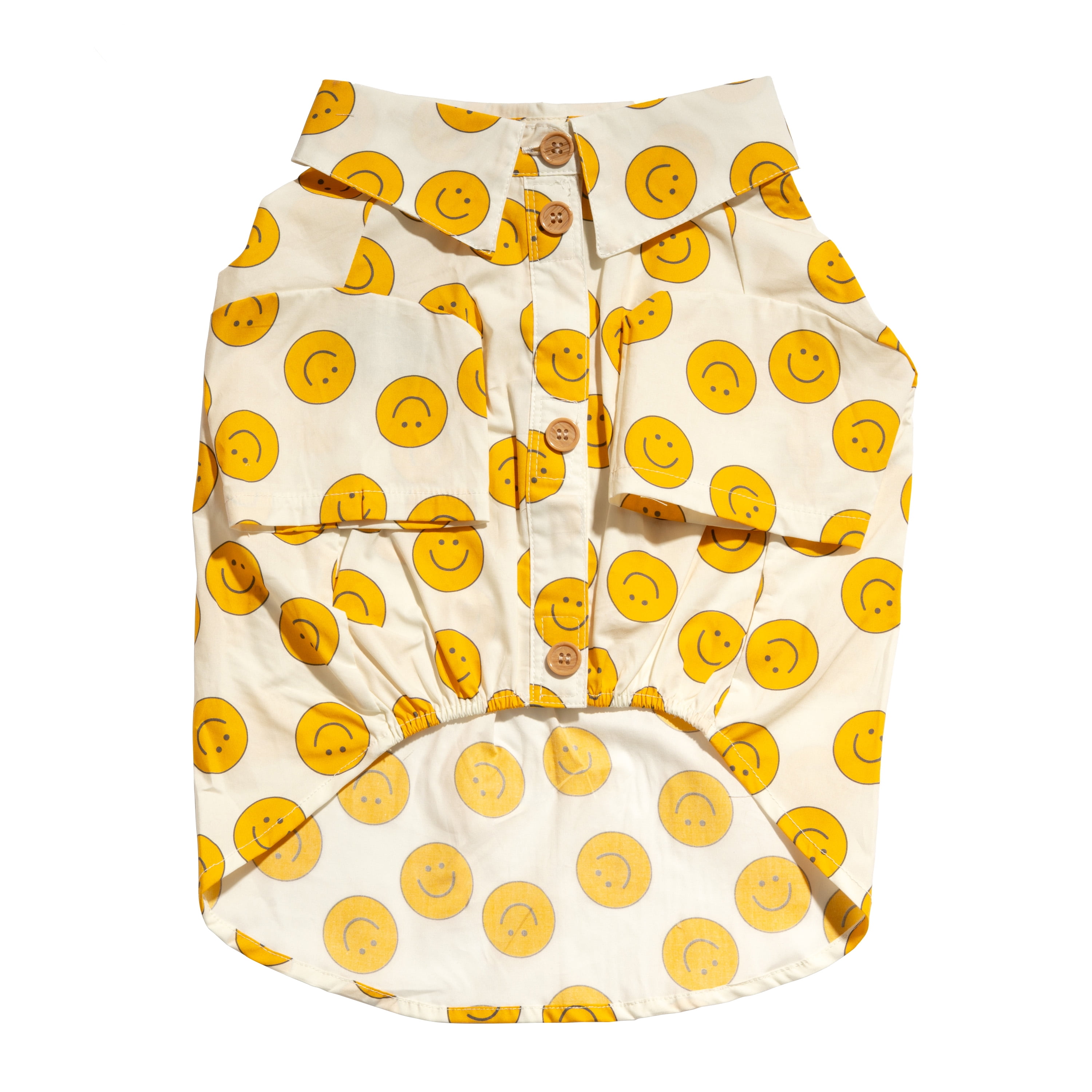 Oodles Tan Boxy Button-Up Smiley Face Spring Dog T-Shirt, Medium