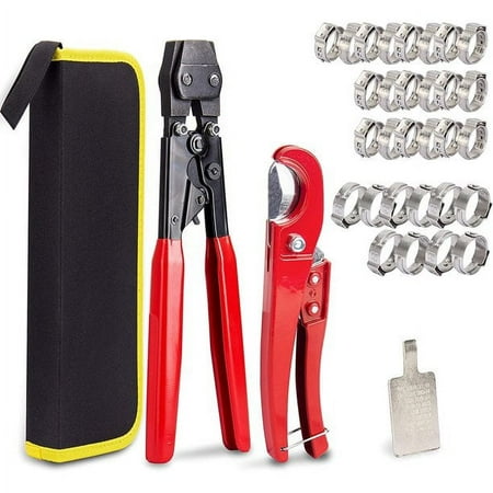 Kotto Pex Crimping Tool, Clamp Cinch Tool, Hose Pipe Cutter ASTM 2098, Hose Clamp Pliers, Pipe Fitting Tool Kit for Clamps Size 3/8" to 1" with 20 Pcs 1/2", 10 Pcs 3/4" Clamps with Storage Bag, Red