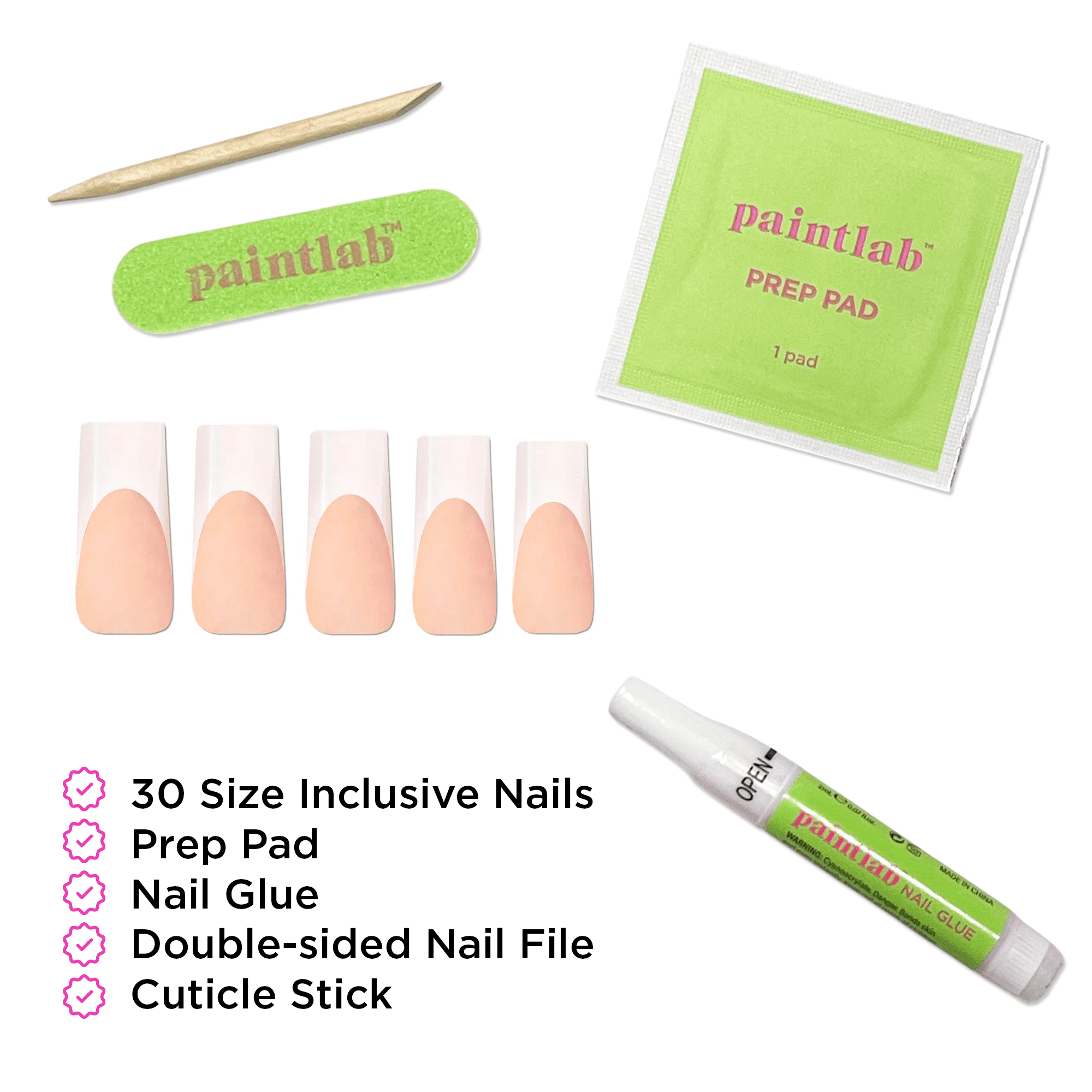 PaintLab Long Square Press On Nails, French Chrome, White French Tip, 30 Count