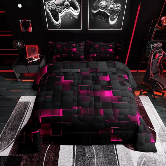Neon Hot Pink Black Comforter Set Twin Geometric Checkered Bedding Set Teen Women,Abstract Plaid Grid Bedding Comforter Sets Stereoscopic Brick Wall Design Quilt Set