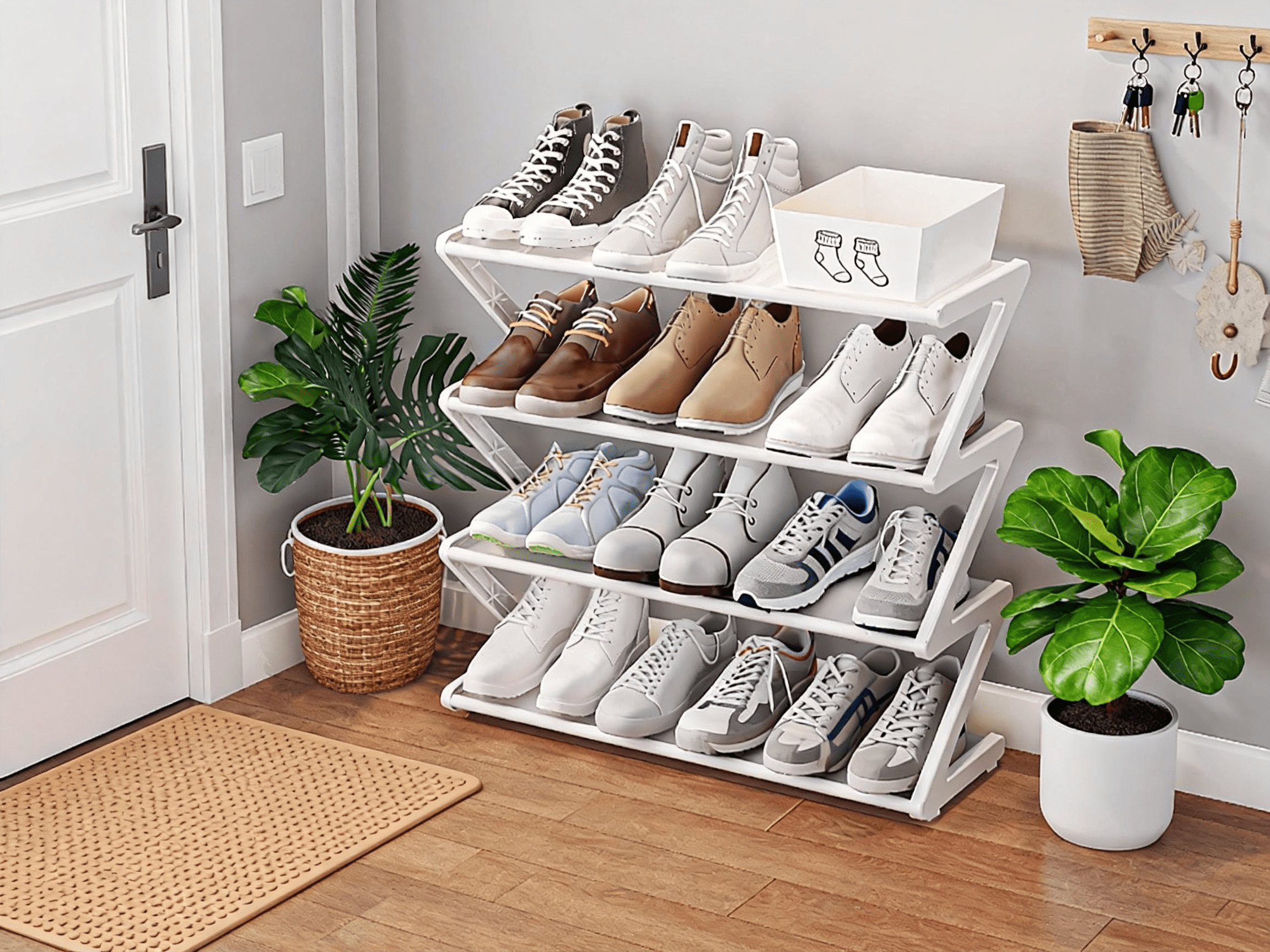 multifunctional shoe storage rack with Z-shaped layered design for dorms and home organization durable polyester construction non- and absorbent features versatile living space organizer