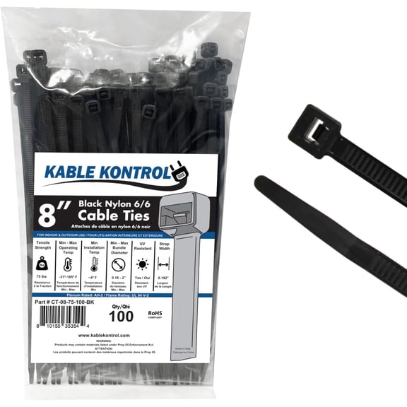 Kable Kontrol Black Zip Ties - 8" Inch Long - UV Resistant - 75 Lbs - 100 pc Pack