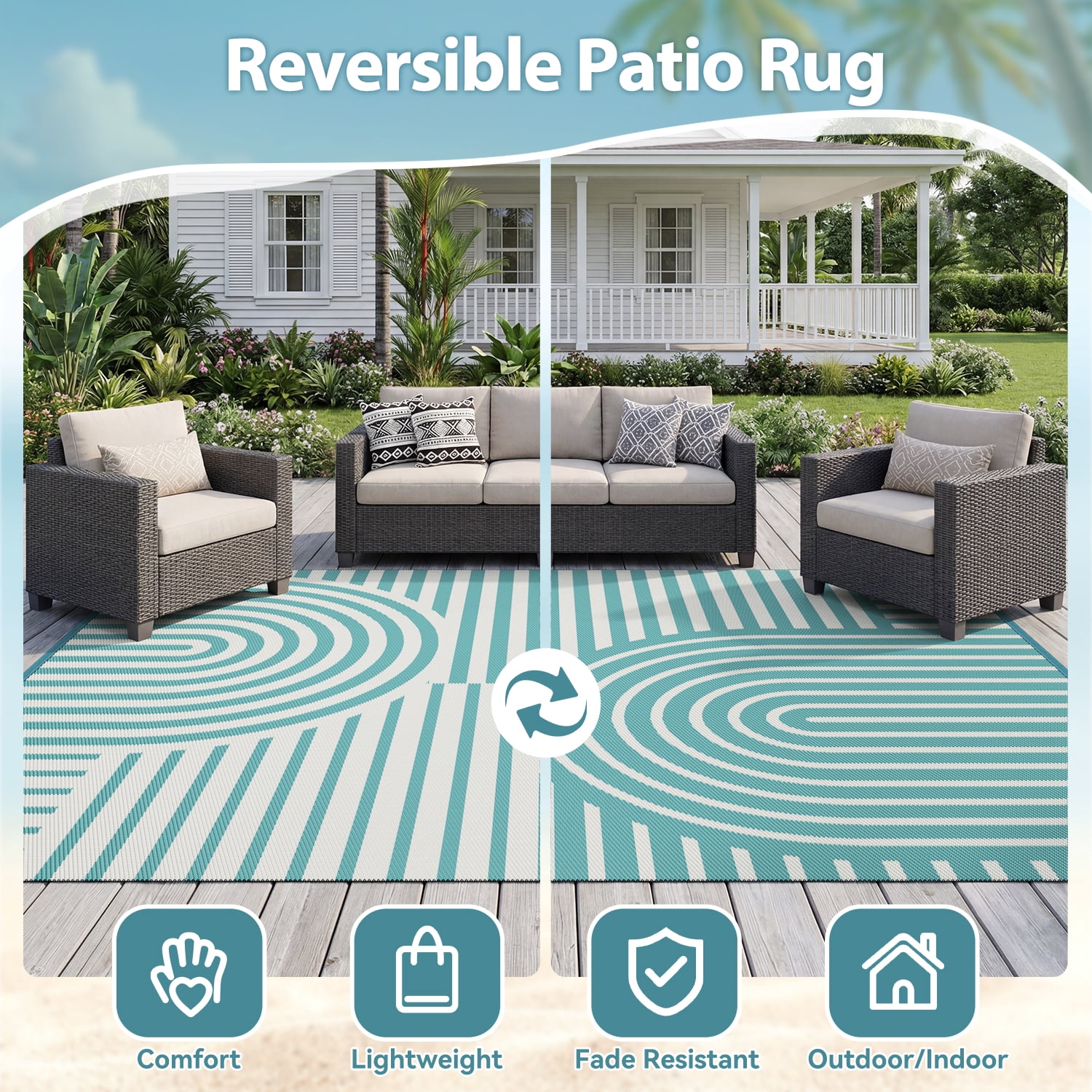 VUNATE Outdoor Rug Carpet 8'x10' Waterproof Reversible Patio Rug Portable Boho Indoor Outdoor Rug Plastic Straw Rug for Beach RV Camping Garden Picnic Deck Backyard Modern Porch Decor Teal and White
