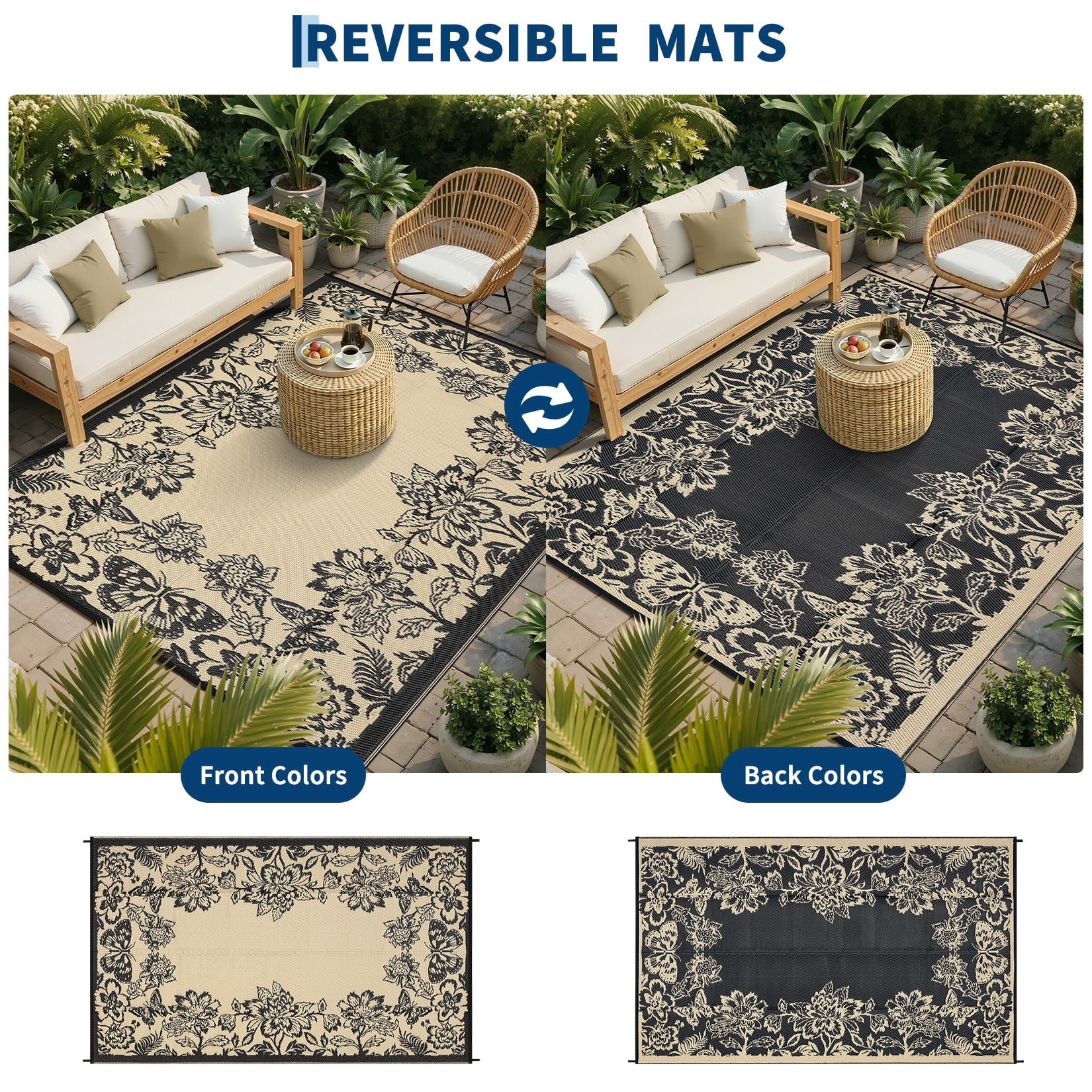 HIWEAVER Black/Brown 8'x 10' Outdoor Rug PP Plastic Straw Woven Waterproof Patio Rug with Floral Border Portable Outside Carpet for Balcony Deck Picnic Garden Decor