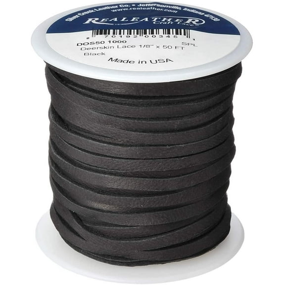 Realeather Crafts Deerskin Lace, 0.125-Inch Wide 50-Feet Spool, Black