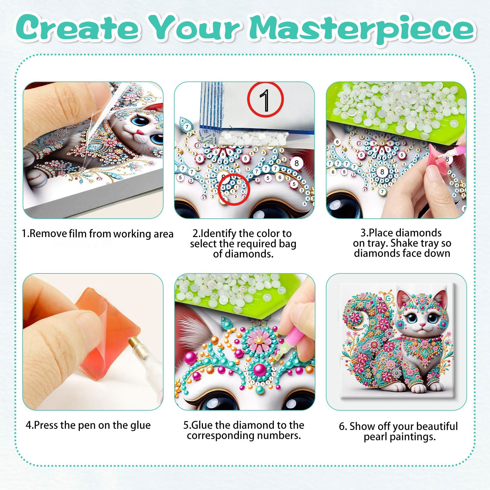 FLOPESN DIY Pearl Painting Kit with Wood Frame, 11.42x11.42 Inch Home Wall Art Decor, Mindful Adult Craft for Stress Relief and Relaxation-Cat-1