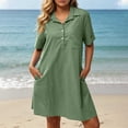 thumbnail image 3 of Summer Dress for Women Collared Short Sleeve Half Button Down Loose Casual Solid Dress with Pockets, 3 of 7