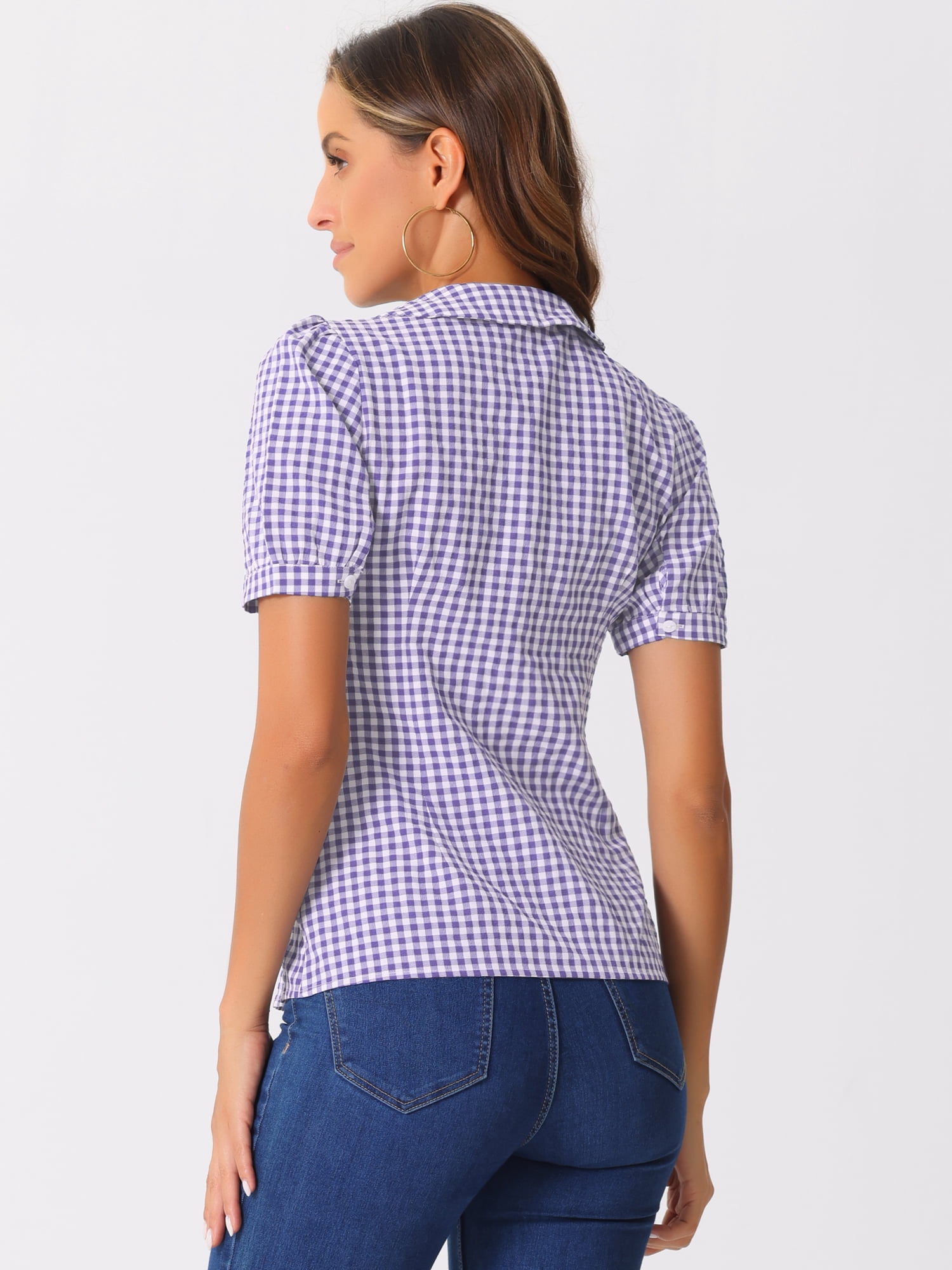 DARING DIVA Women's Plaid Button Down Puff Peter Pan Collar Shirt S Purple