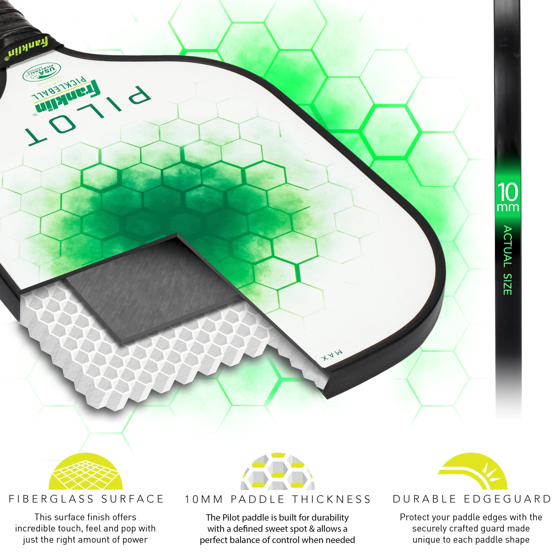 Franklin Sports Pickleball Paddle - Pilot Polypropylene Core Pickleball Racket - Official USA Pickleball (USAPA) Approved Pickleball Paddle - Lightweight Pro Racket - Green - 10mm Thick Core