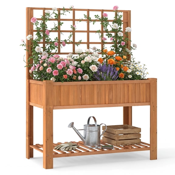 Gymax Raised Garden Bed w/ Trellis Wooden Elevated Planter Box w/ Legs & Liner Brown