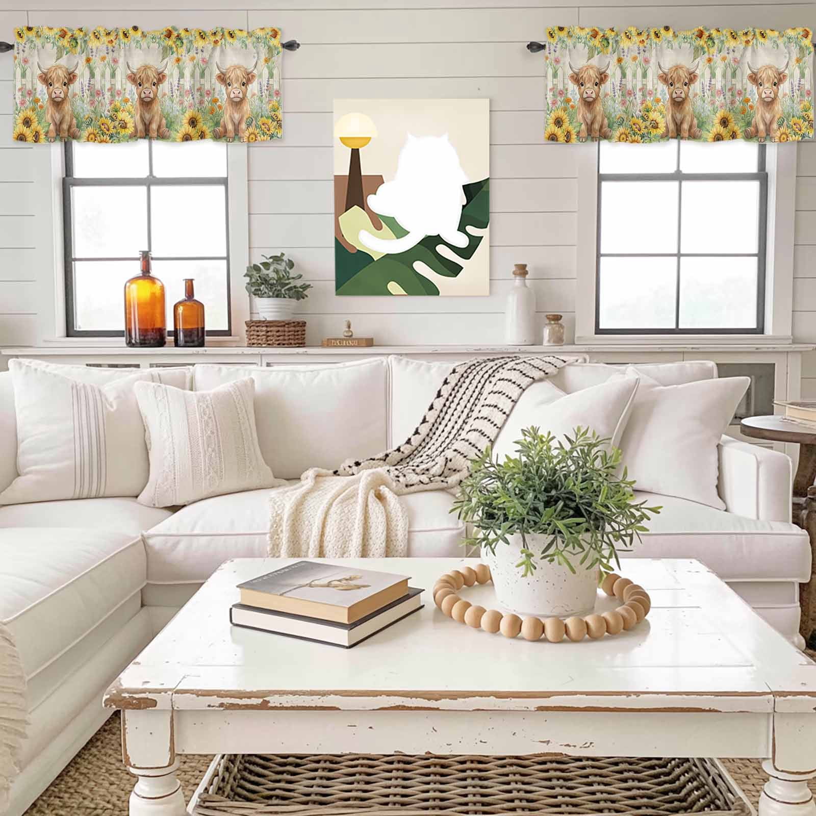 Farm Highland Cattle Valance Curtain for Windows Farmhouse Sunflower Cow Fence Linen Texture Rod Pocket Curtain Valances Short Window Treatments for Kitchen Bathroom Laundry Basement 60 x 18 Inch