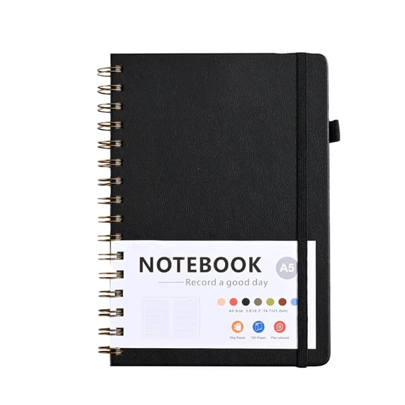 A5 Professional Spiral Notebook with Elastic Strap, Lined Paper for Office and Business Writing, Durable Faux Leather Academic Journal, Black