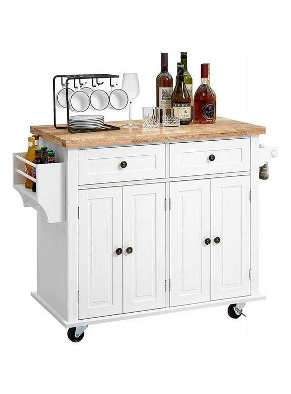 Homfa 35.5'' Kitchen Island Cart on Wheels, 4-Doors 2-Drawers Rolling Storage Cart with Adjustable Shelves & Rubberwood Countertop, White