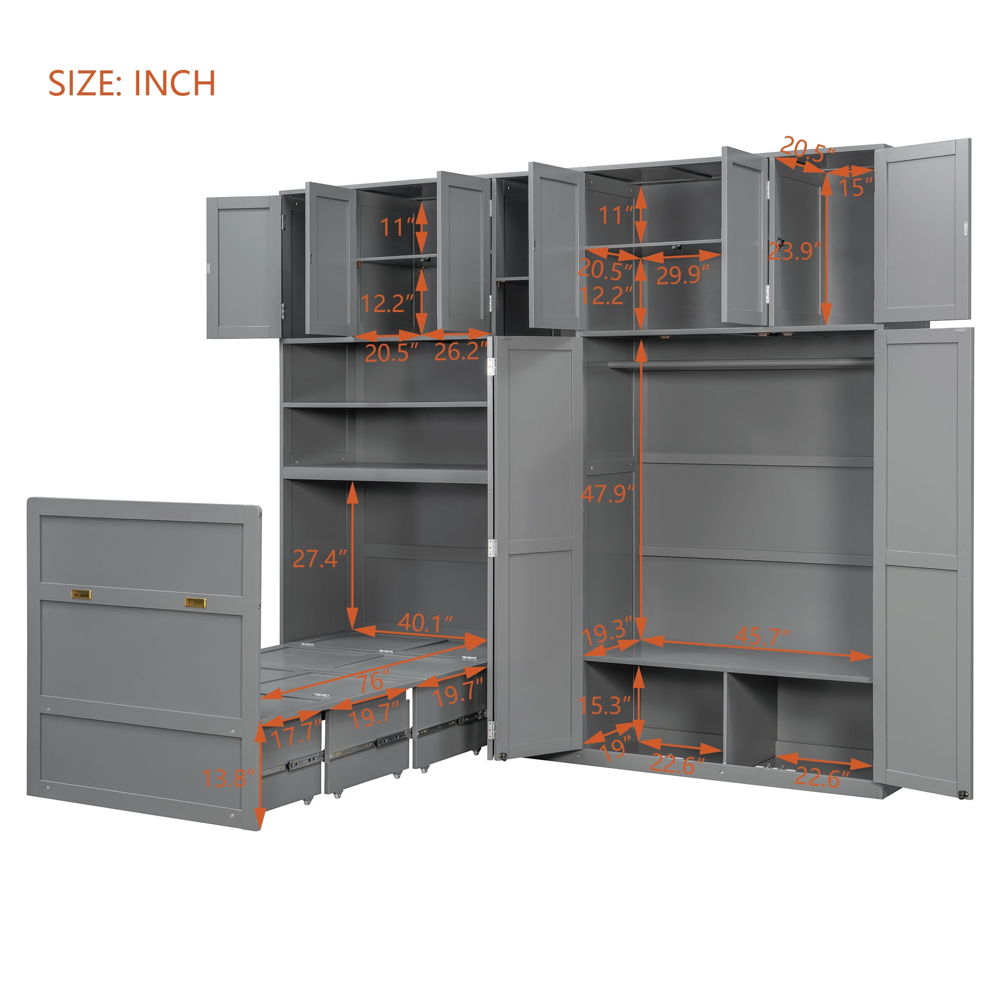 Mintazer Twin Murphy Bed with Wardrobe & LED Shelves, Modern Folding Cabinet Bed with Storage for Bedroom Apartment Guest Room, Gray