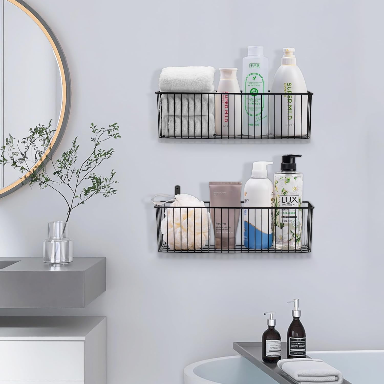Wetheny Black Wire Basket Wall Mounted(4 Pack) - Metal Toilet Paper Storage Basket - Rectangular Wire Baskets for organizing Kitchen,Bathroom,Countertop