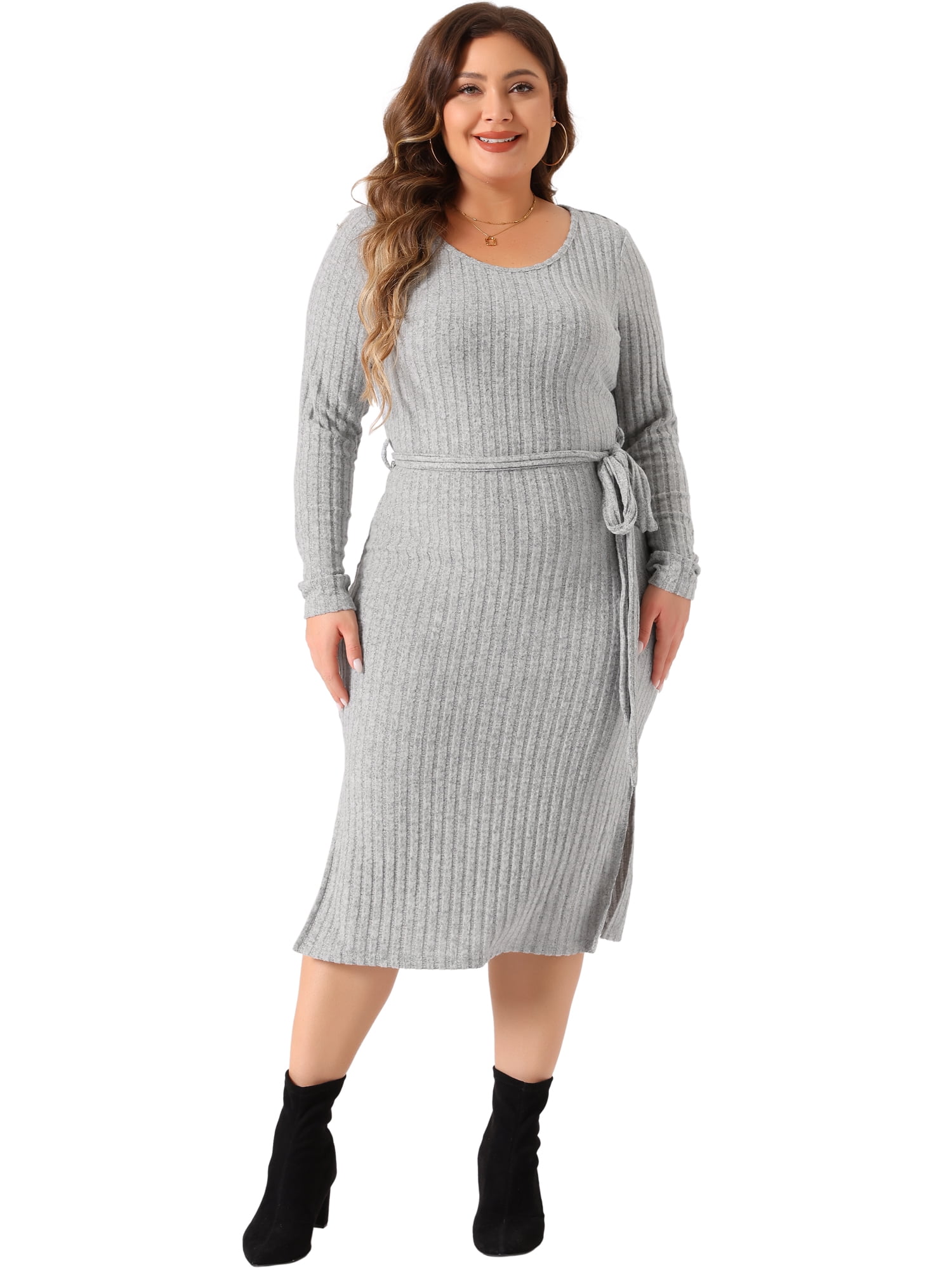 DARING DIVA Plus Size Round Neck Long Sleeve Ribbed Knit Midi Dress 1X Gray