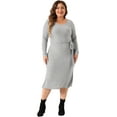 thumbnail image 3 of DARING DIVA Plus Size Round Neck Long Sleeve Ribbed Knit Midi Dress 2X Gray, 3 of 6