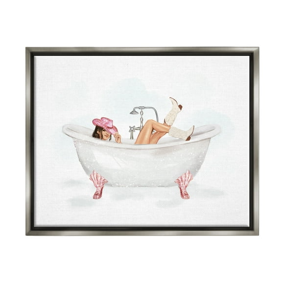 Stupell Industries Glam Cowgirl in Tub Typography Painting Gray Floater Framed Canvas Art Print Wall Art, 21 x 17