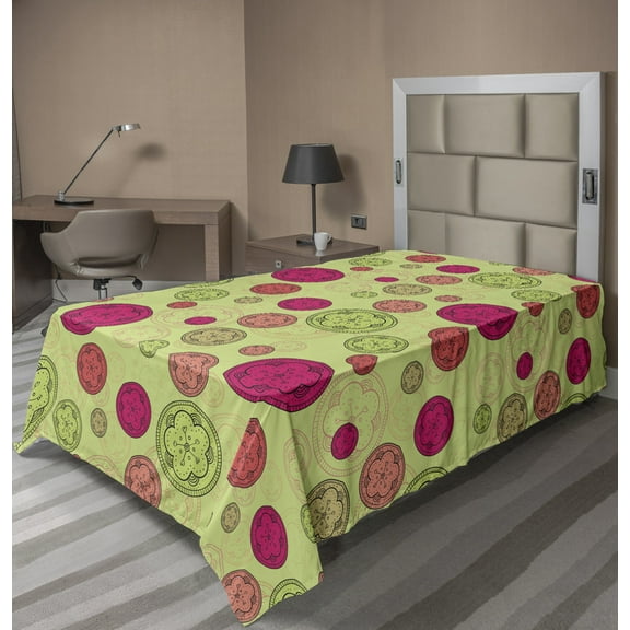 Abstract Flat Sheet, Retro Art Style Floral Theme Inspired Circular Colorful Shapes, Soft Comfortable Top Sheet Decorative Bedding 1 Piece, 6 Sizes, Pale Green and Multicolor, by Ambesonne