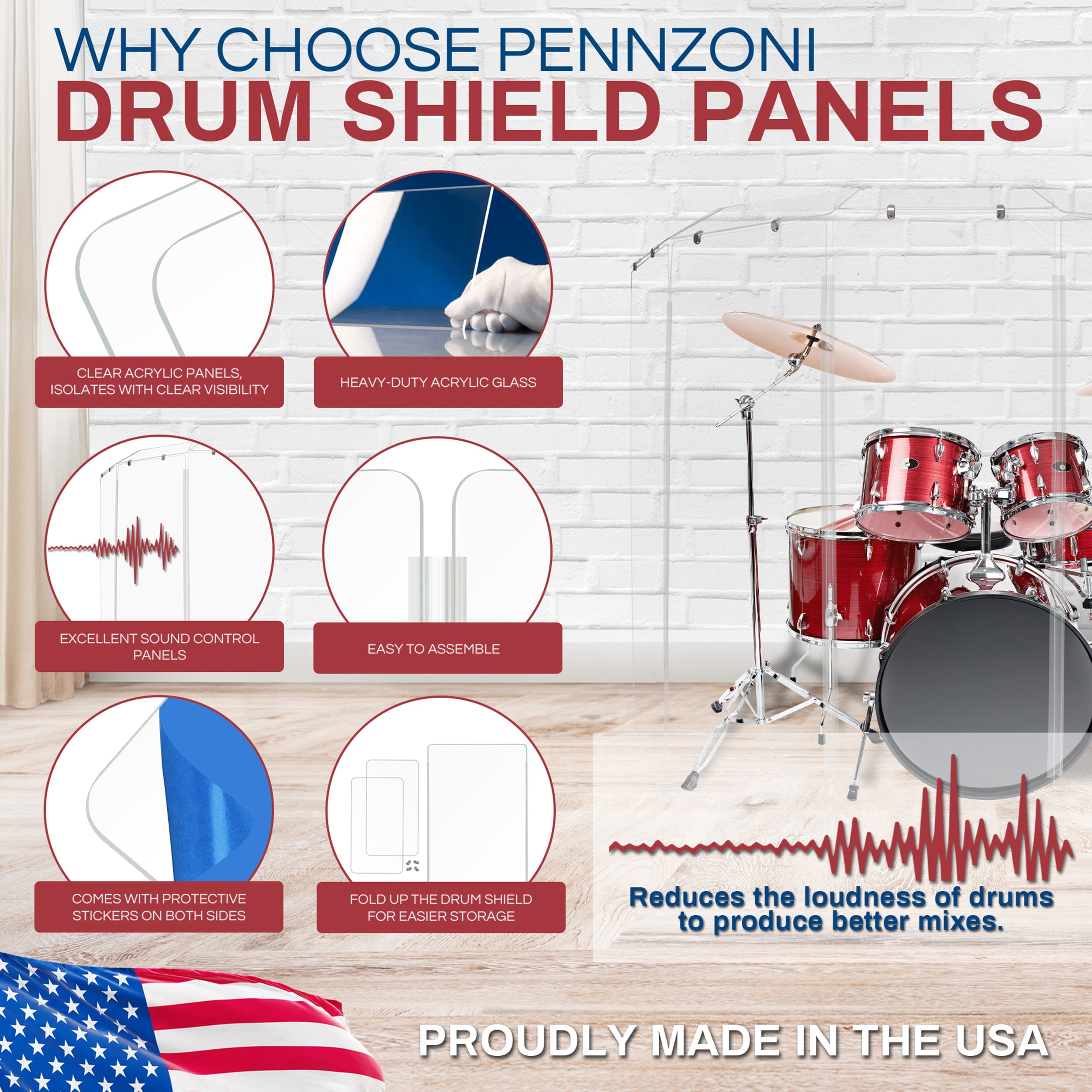 PENNZONI Drum Shield, 4 Panels & Deflectors w/ Living Hinges, 6 ft Clear Acrylic Panels